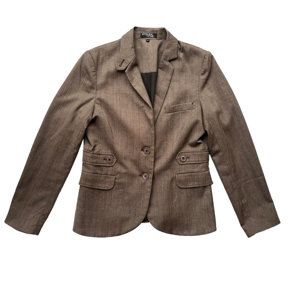 ATELIER LUXE Womens 10 Tan Brown Herringbone Single Breasted Lined Blazer Jacket